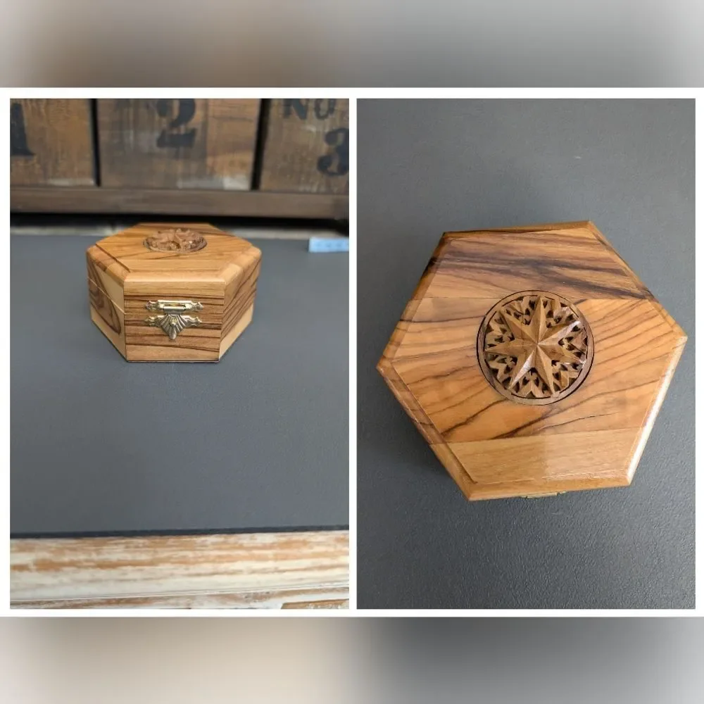 Olive Wood 7 Point Star Trinket Box, Made In Bethlehem